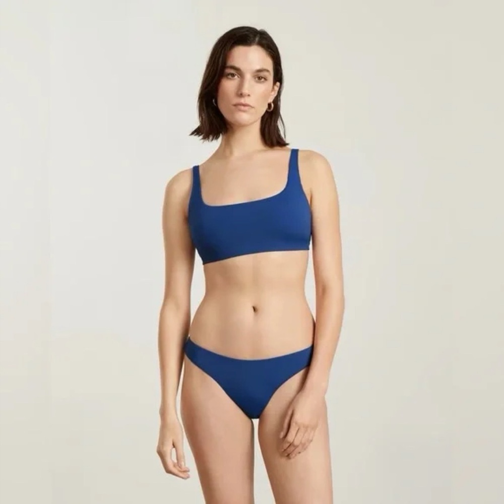 Everlane Square Neck Bikini Top and Thigh High Bikini Bottom.
